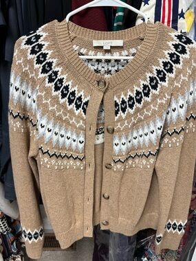 LOFT Camel Fair Isle Button-Front Cardigan with Black & White Accents